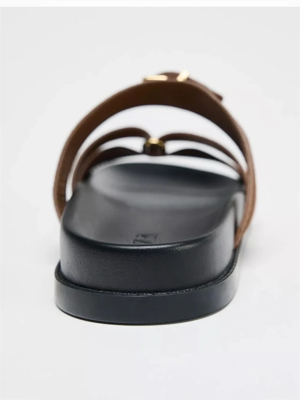 Zara Sandals Women US 7.5 Brown Leather Buckle Slide Flat Minimalist Strappy NWT - Picture 3 of 11